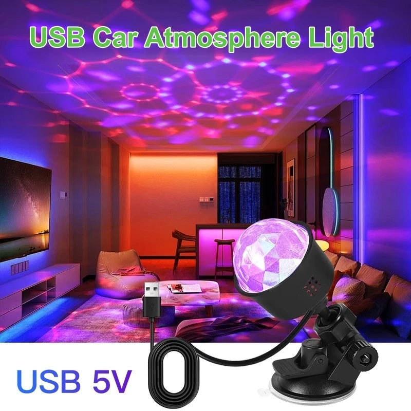 USB Car LED Atmosphere Lamp Stage Disco Light RGB Night Light with Auto Rotation for Car Christmas Decoration Projector Light