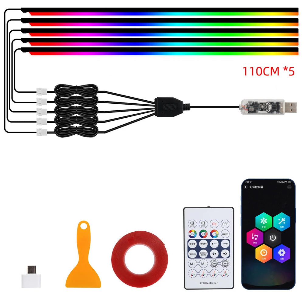 Car Led Ambient Light USB 68 Colors Acrylic Strips 110cm Full Colors RGB Car Interior Hidden App Remote Control Atmosphere Lamp