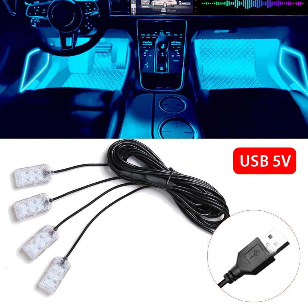 Led Car Foot Ambient Strip Light With USB Cigarette Auto Interior Ambient Decorative Lamps 12V Car Accessories