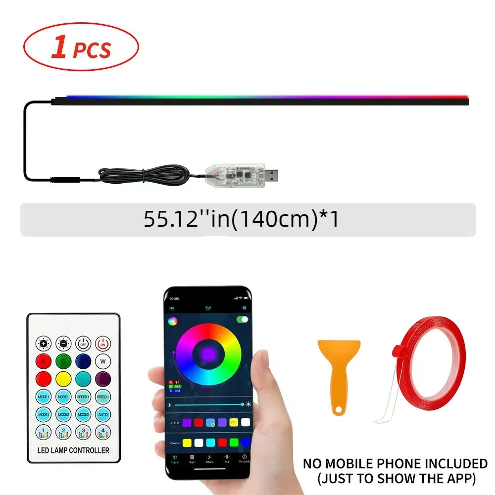 140cm USB Dreamcolor Acrylic Interior Car LED Strip Light with Wireless APP , 55’‘RGB Music Fiber Optic Car Ambient Lighting Kit