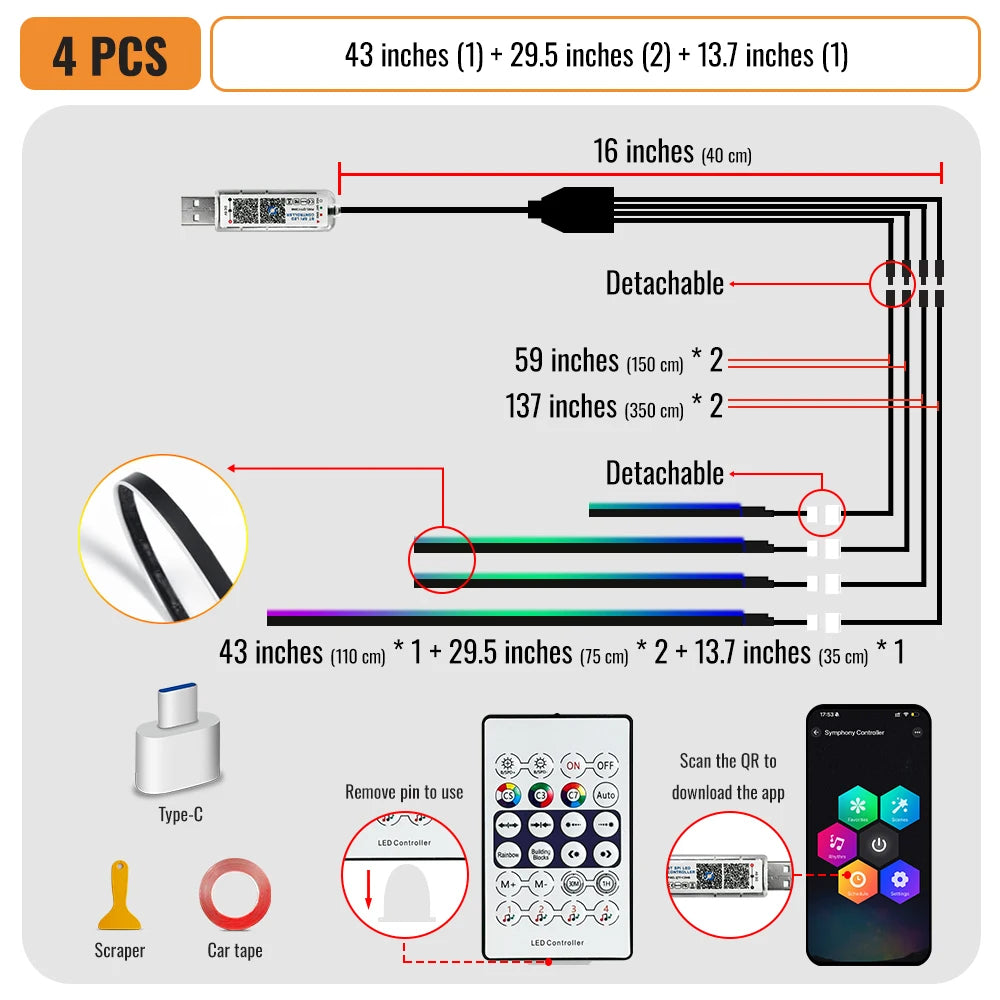 RGB Interior Car Lights – Wireless APP Control, 6-in-1 EL Wire Ambient Lighting Kit for Cars/Trucks (Multicolor, Waterproof)