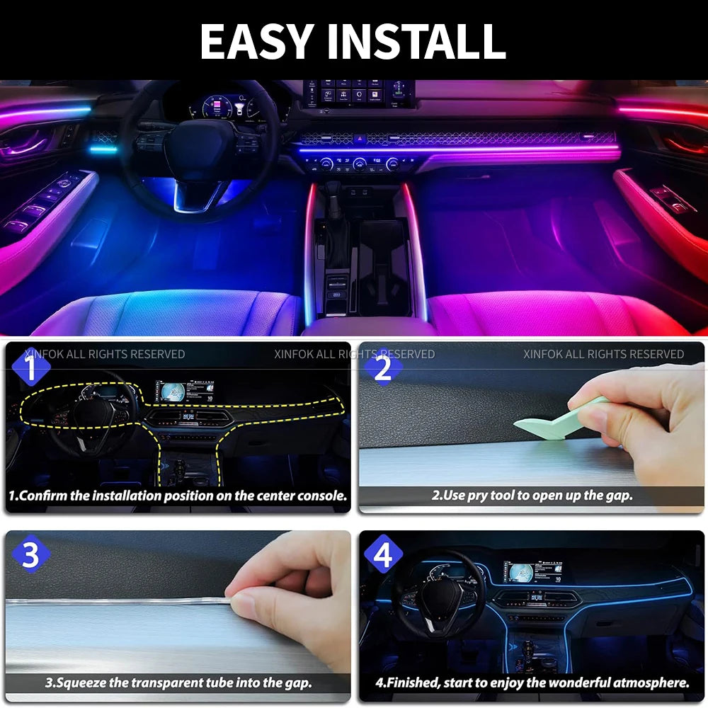 140cm USB Dreamcolor Acrylic Interior Car LED Strip Light with Wireless APP , 55’‘RGB Music Fiber Optic Car Ambient Lighting Kit