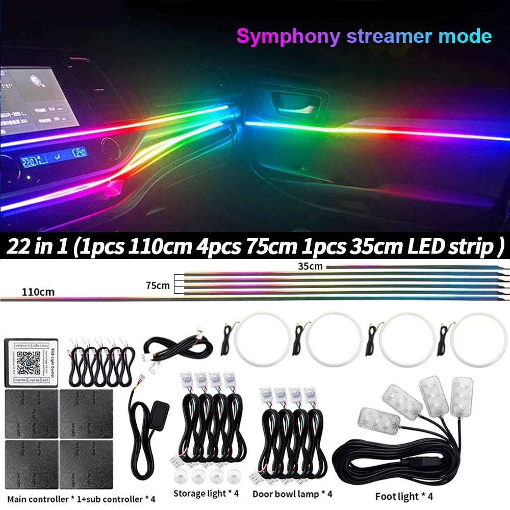 6/10/14/18/22 in 1 LED Symphony Ambient Light Car Interior Full Color Streamer RGB Neon Acrylic Strip Decoration Atmosphere Lamp