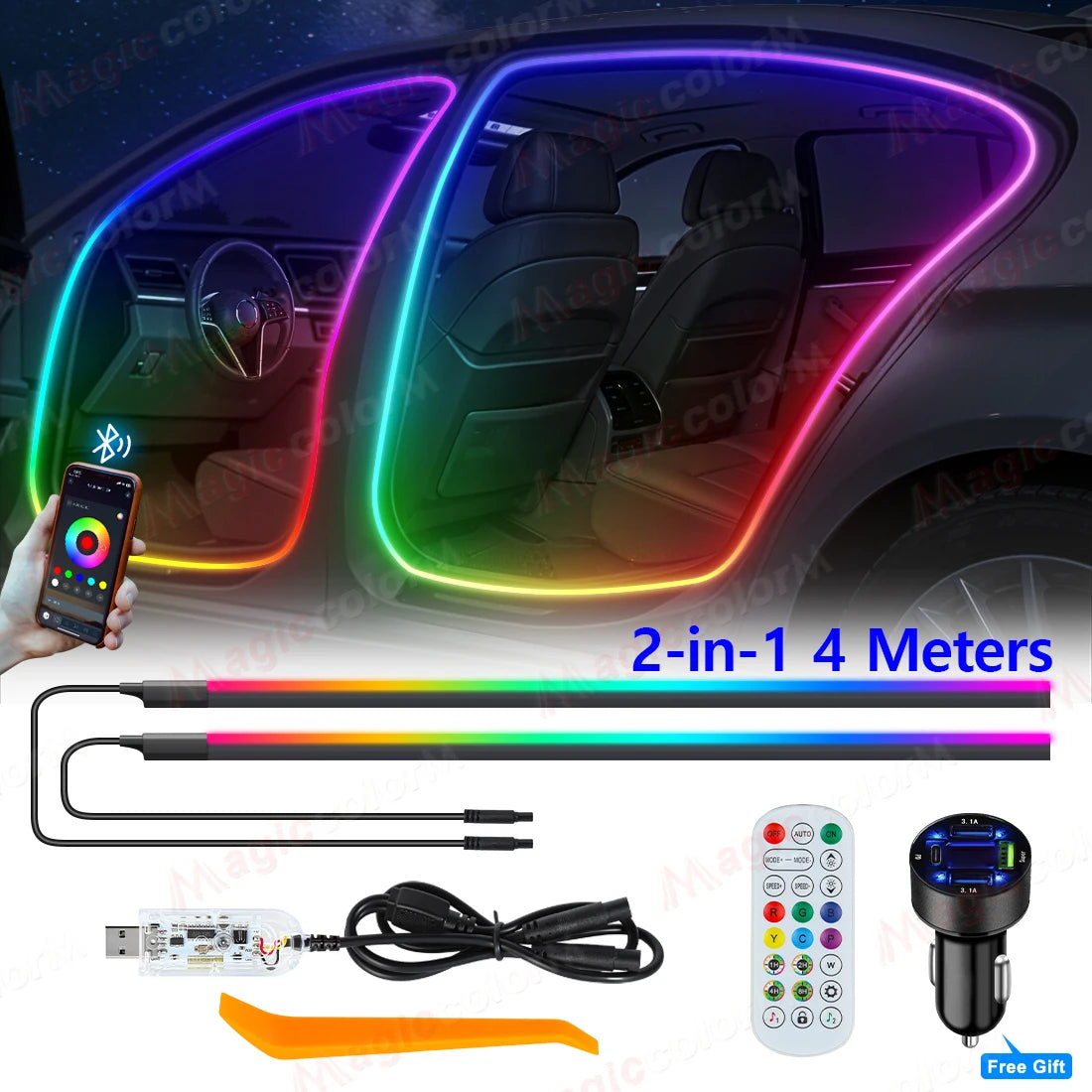 4in1 2in1 Symphony Car Door Frame Ambient Lights Universal RGB 3M 4M LED Acrtlic Strip APP Remote Control USB Type C Plug & Play