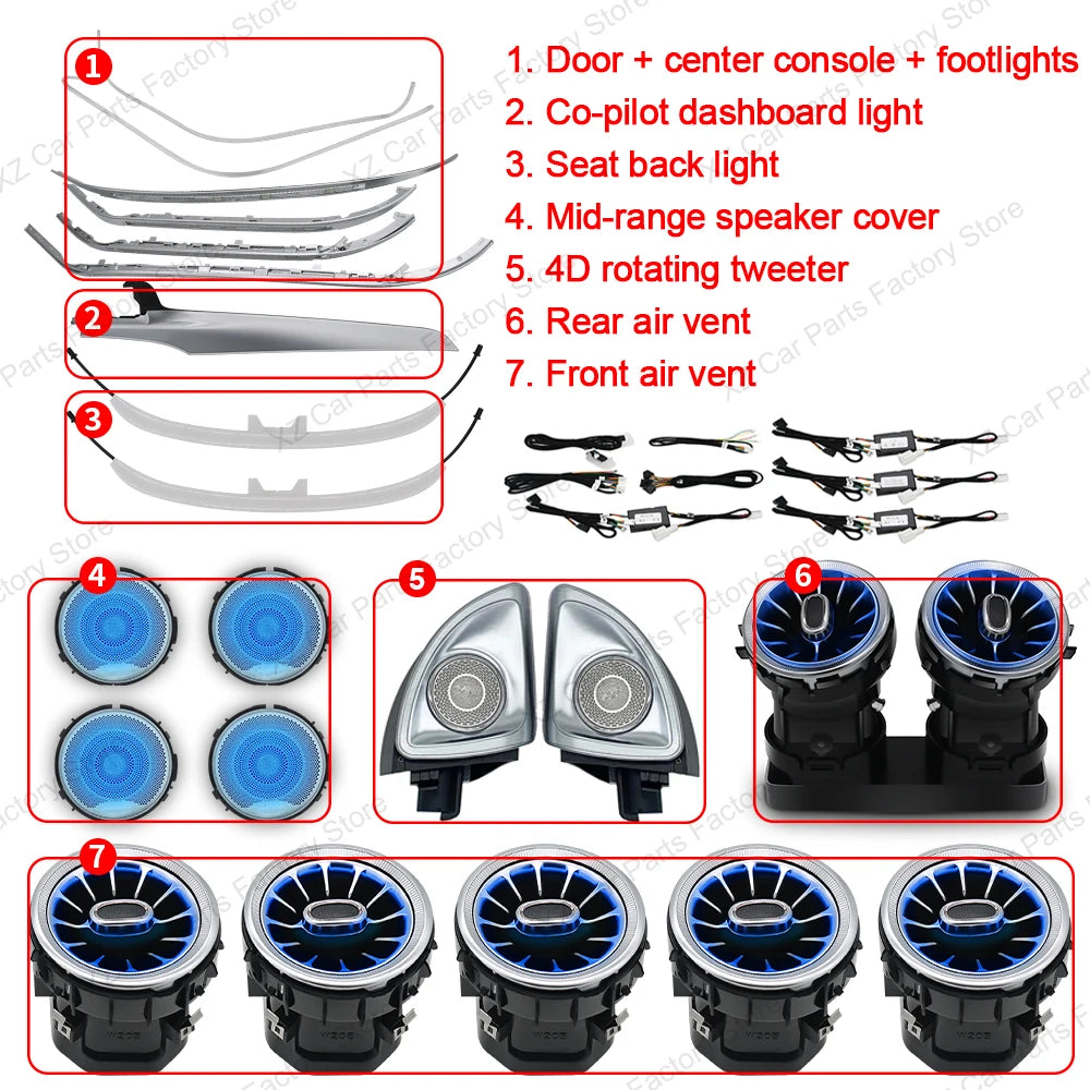3/64 Colour Car LED Ambient Light for Mercedes-Benz C/GLC Class Coupe W205 C43 C63 X253 LED Door Speaker Cover Vents RetrofitSet