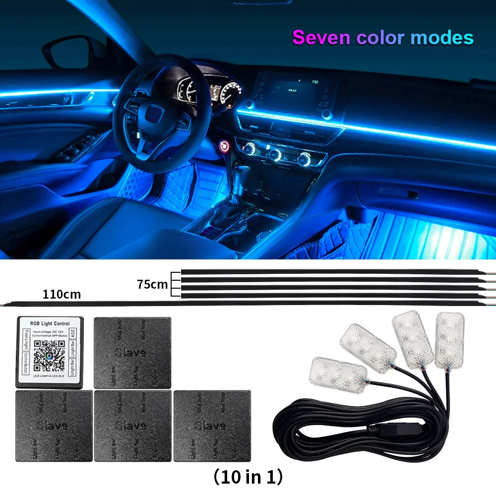 18 in 1 Dual Zone Symphony 64 Colors Streamer Car Ambient Light RGB Interior Rainbow Acrylic Strip Atmosphere Lighting kit App