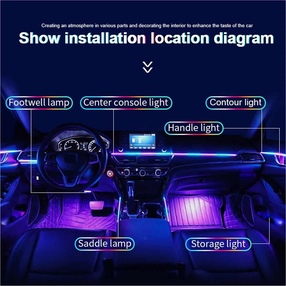 Car Led Ambient Light USB 68 Colors Acrylic Strips 110cm Full Colors RGB Car Interior Hidden App Remote Control Atmosphere Lamp