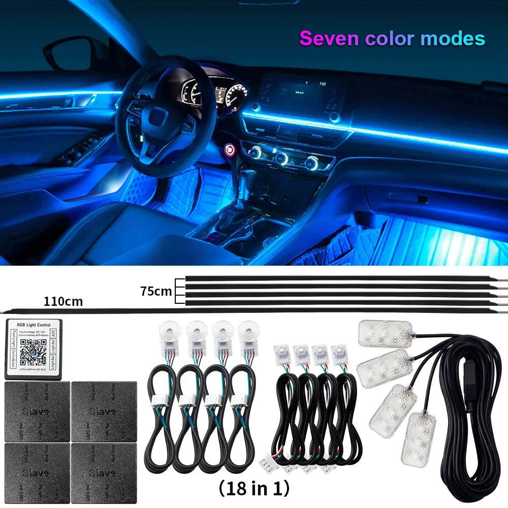 18/22 in 1 Acrylic Led Car Ambient Light RGB 213 64 Color Bluetooth Rainbow Strip Streamer Interior Symphony Atmosphere Lamp 12V