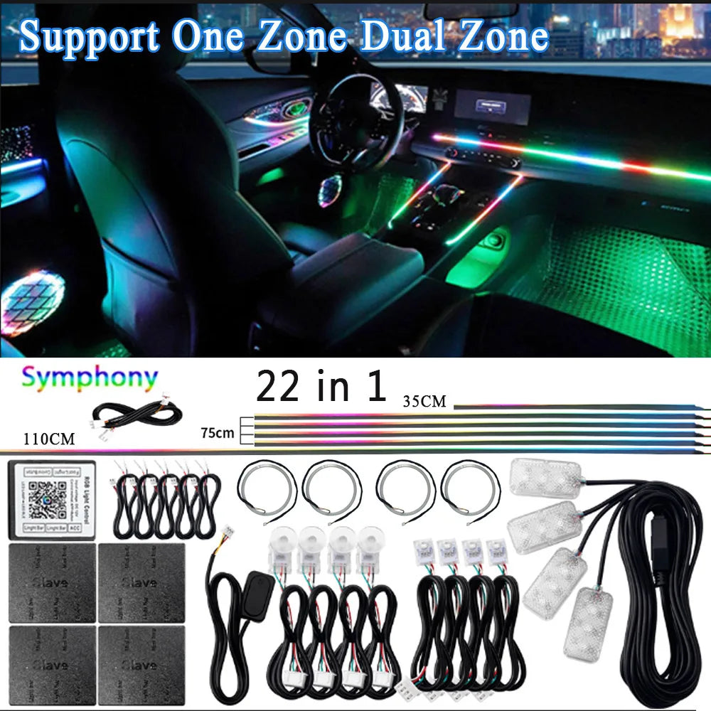 18/22 in 1 Acrylic Led Car Ambient Light RGB 213 64 Color Bluetooth Rainbow Strip Streamer Interior Symphony Atmosphere Lamp 12V