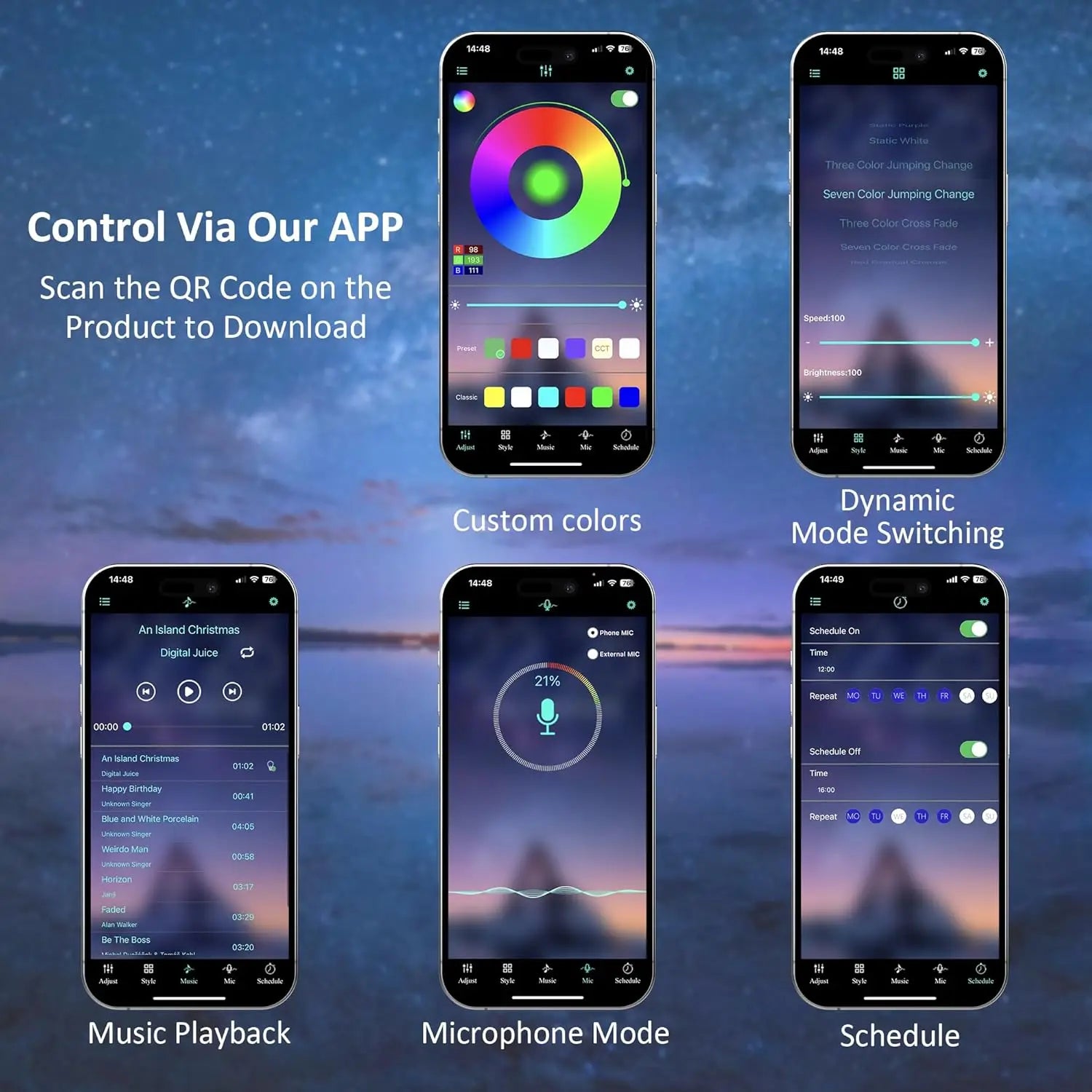 Interior Car LED Strip Lights with APP Control RGB 5 in 1 Ambient Lighting Kits Colorful Auto Atmosphere Decorative LED Lamps