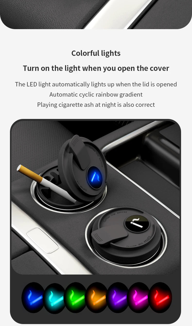 New Car Ashtray Creative Coffee Cup Style Car Ashtray with Lid 7 Color LED Light Metal Lining & ABS Shell Garbage Storage Cup