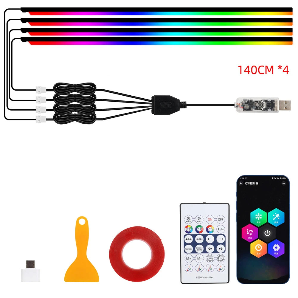 Car Led Ambient Light USB 68 Colors Acrylic Strips 110cm Full Colors RGB Car Interior Hidden App Remote Control Atmosphere Lamp