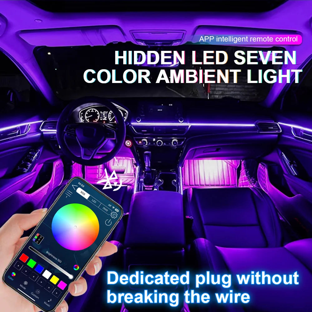 18 in 1 Dual Zone Symphony 64 Colors Streamer Car Ambient Light RGB Interior Rainbow Acrylic Strip Atmosphere Lighting kit App