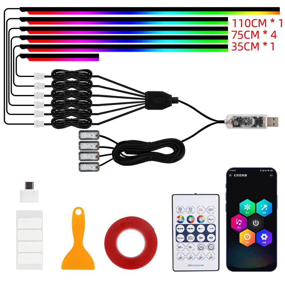 Car Led Ambient Light USB 68 Colors Acrylic Strips 110cm Full Colors RGB Car Interior Hidden App Remote Control Atmosphere Lamp