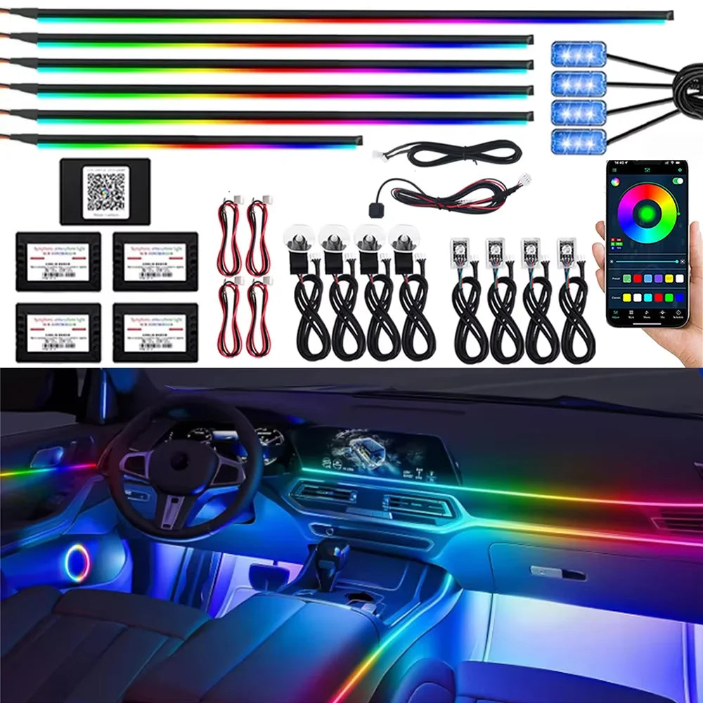 18 in 1 Dual Zone Symphony 64 Colors Streamer Car Ambient Light RGB Interior Rainbow Acrylic Strip Atmosphere Lighting kit App