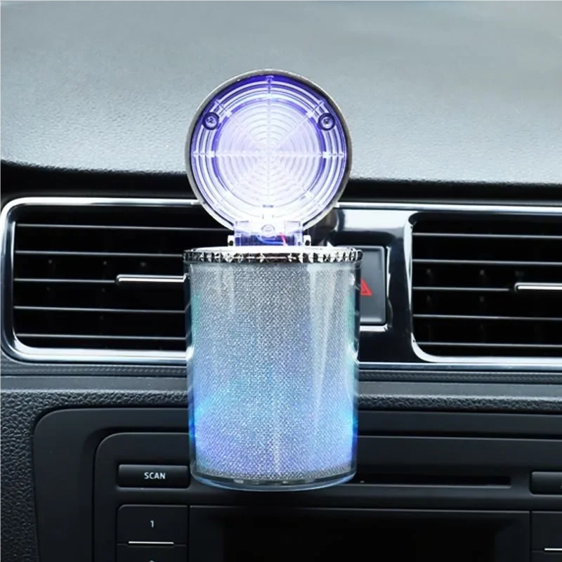 Car Ashtray With LED Light Airtight Lid Multifunctional Vehicle Cup Holder Air Vent Ashtray Trash Can Car Interior Decoration