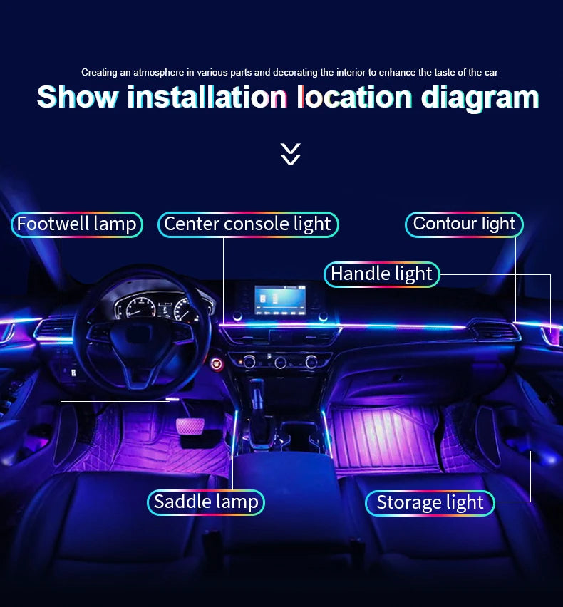 18/22 in 1 Acrylic Led Car Ambient Light RGB 213 64 Color Bluetooth Rainbow Strip Streamer Interior Symphony Atmosphere Lamp 12V