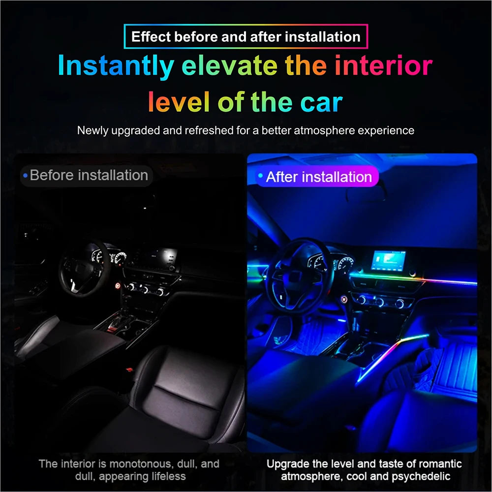 Car Led Ambient Light USB 68 Colors Acrylic Strips 110cm Full Colors RGB Car Interior Hidden App Remote Control Atmosphere Lamp