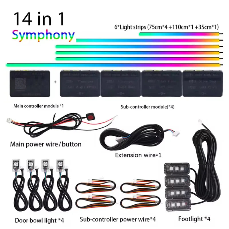 18/22 in 1 Car Hidden Ambient Light Neon Symphony RGB Rainbow Backlight Smoke Matt Black Acrylic Ambient Matt Lamp 12V Dual Zone