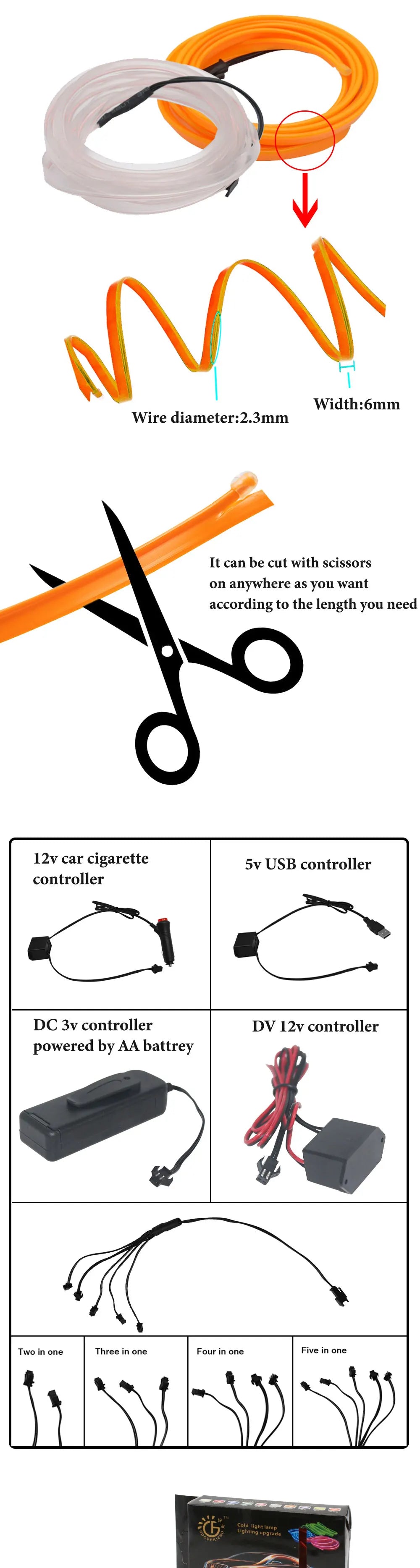 1/2/3/5m led Interior ambient lighting Cold light Car Interior Decorative light strip Car Atmosphere light Interior accessories